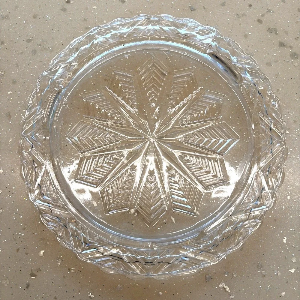 Federal Glass Snowflake Star Chevron Cake Plate Scalloped Edge Vintage Serving